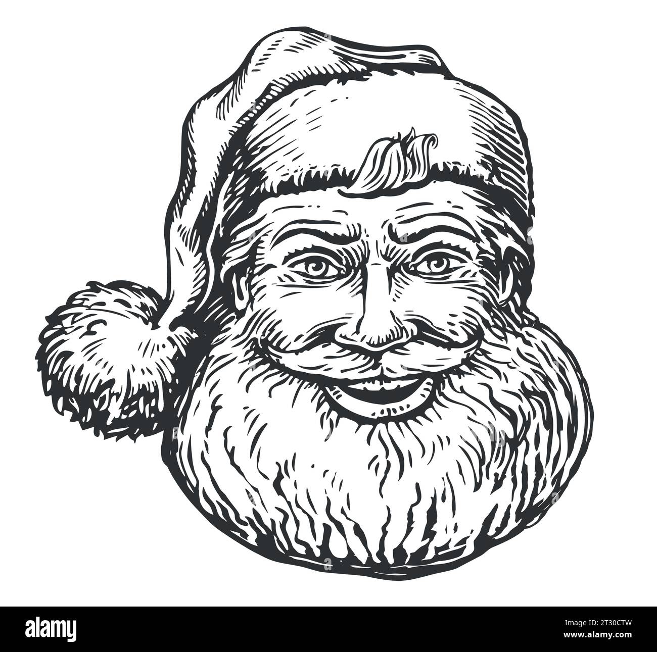 Souriant mignon Père Noël dans le chapeau dessiné à la main dans un style esquissé. Symbole de Noël illustration vectorielle vintage Illustration de Vecteur