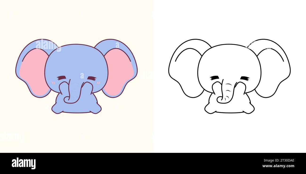 Clipart Elephant multicolore et Noir et blanc. Mignon clip Art Baby Animal. Illustration vectorielle mignonne d'un animal africain Kawaii pour autocollants, bébé Illustration de Vecteur
