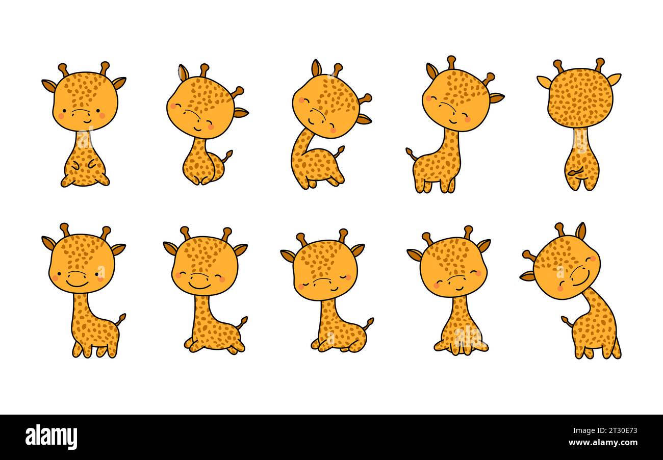 Ensemble de Cartoon Isolated Baby Giraffe. Ensemble de girafe Kawaii mignon dans Funny Cartoon style. Collection d'illustrations mignons Vector Baby Animal pour Illustration de Vecteur