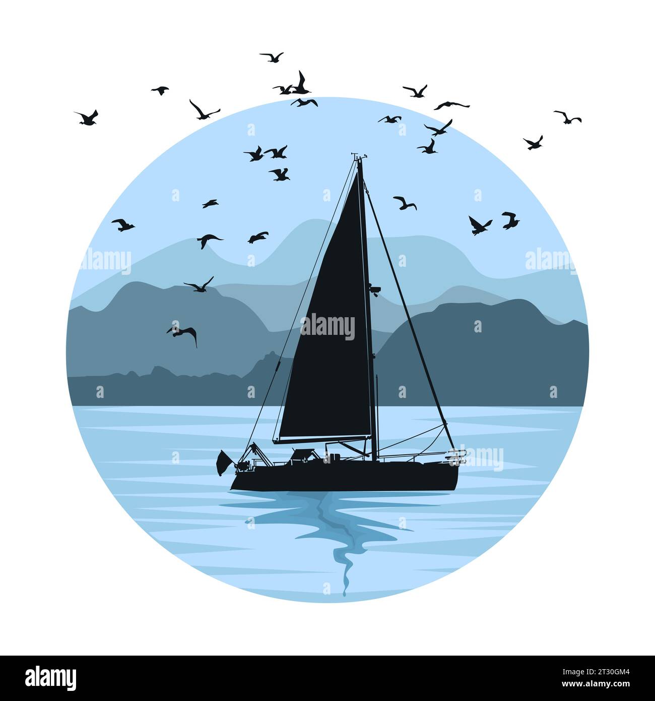 Voilier et paysage marin sur circle.Sea rivage avec montagnes et yacht silhouette.Boat naviguant dans la rivière ou le lac à Coast.Vessel, collines et Coastline.Vector Illustration de Vecteur