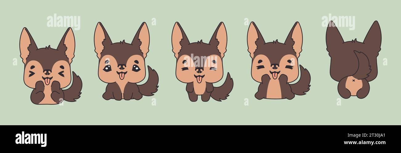 Ensemble d'illustrations Vector Cartoon Animal. Collection de Kawaii Isolated German Shepherd Dog Art pour autocollants, impressions pour vêtements, douche de bébé Illustration de Vecteur