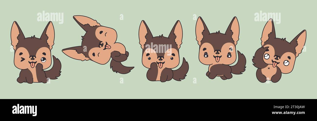 Ensemble de chien berger allemand isolé Kawaii. Collection d'illustrations vectorielles d'animaux de dessin animé pour autocollants, douche de bébé, pages à colorier, impressions pour Illustration de Vecteur