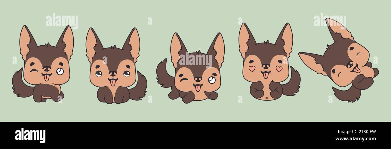 Collection de dessin animé vectoriel German Shepherd Dog Art. Ensemble d'illustrations d'animaux isolés Kawaii pour impressions pour vêtements, autocollants, douche de bébé Illustration de Vecteur