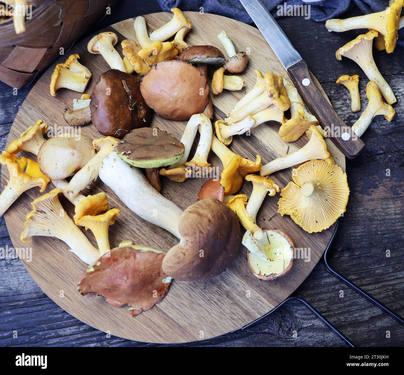 Mélange de champignons des bois sur une planche à découper plus vieille table en bois . Banque D'Images