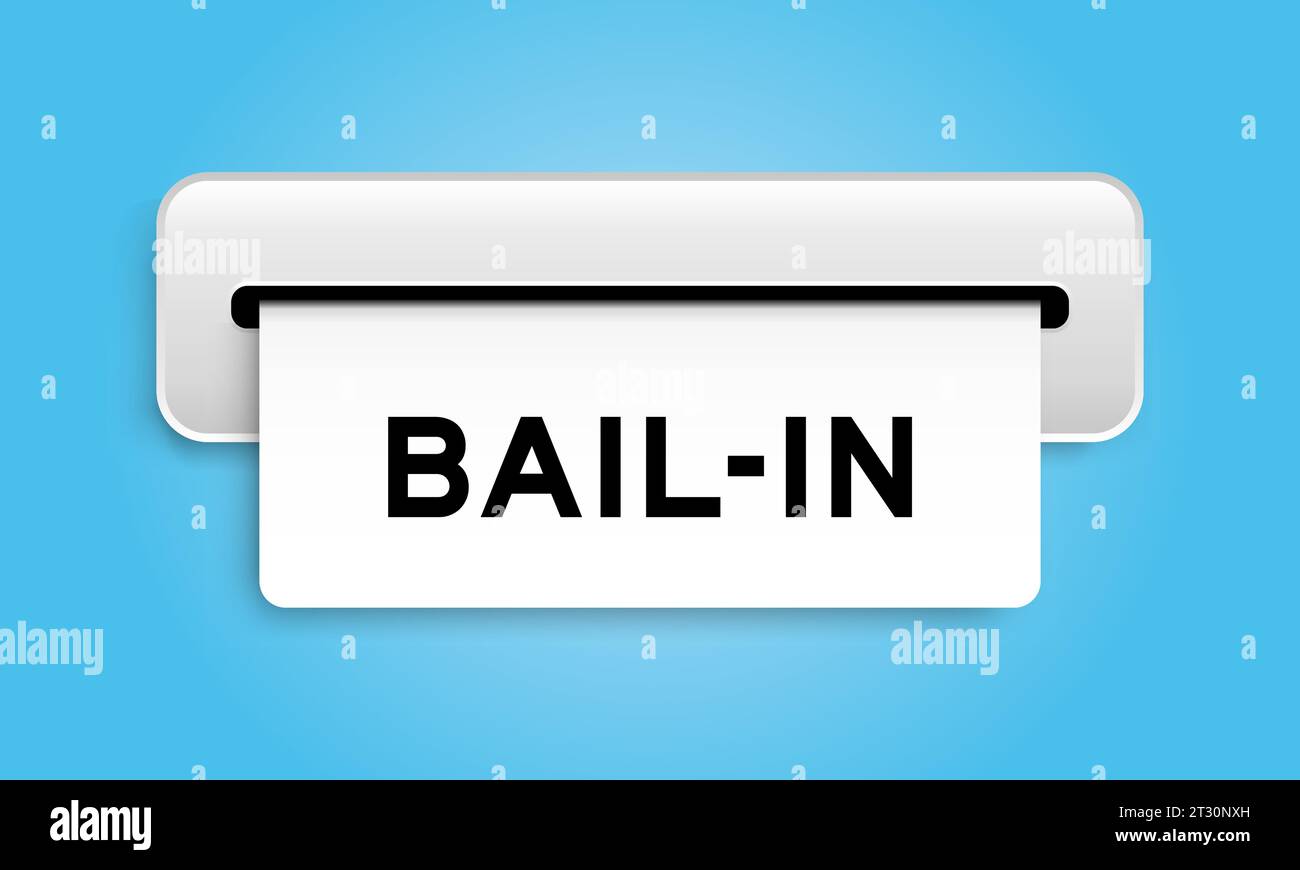 Bannière de coupon blanc avec le mot bail-in de la machine sur fond bleu Illustration de Vecteur