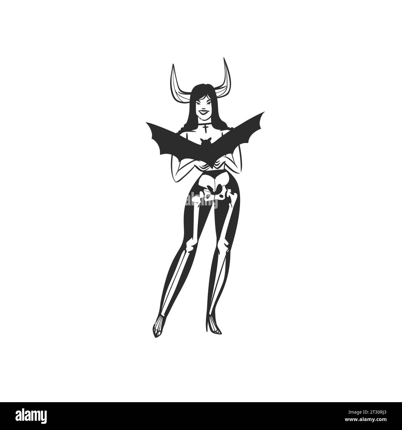 Graphique de ligne abstraite de vecteur dessiné à la main, personnage féminin heureux Halloween en costume de squelette avec batte, contour isolé. Contour du personnage d'Halloween Illustration de Vecteur