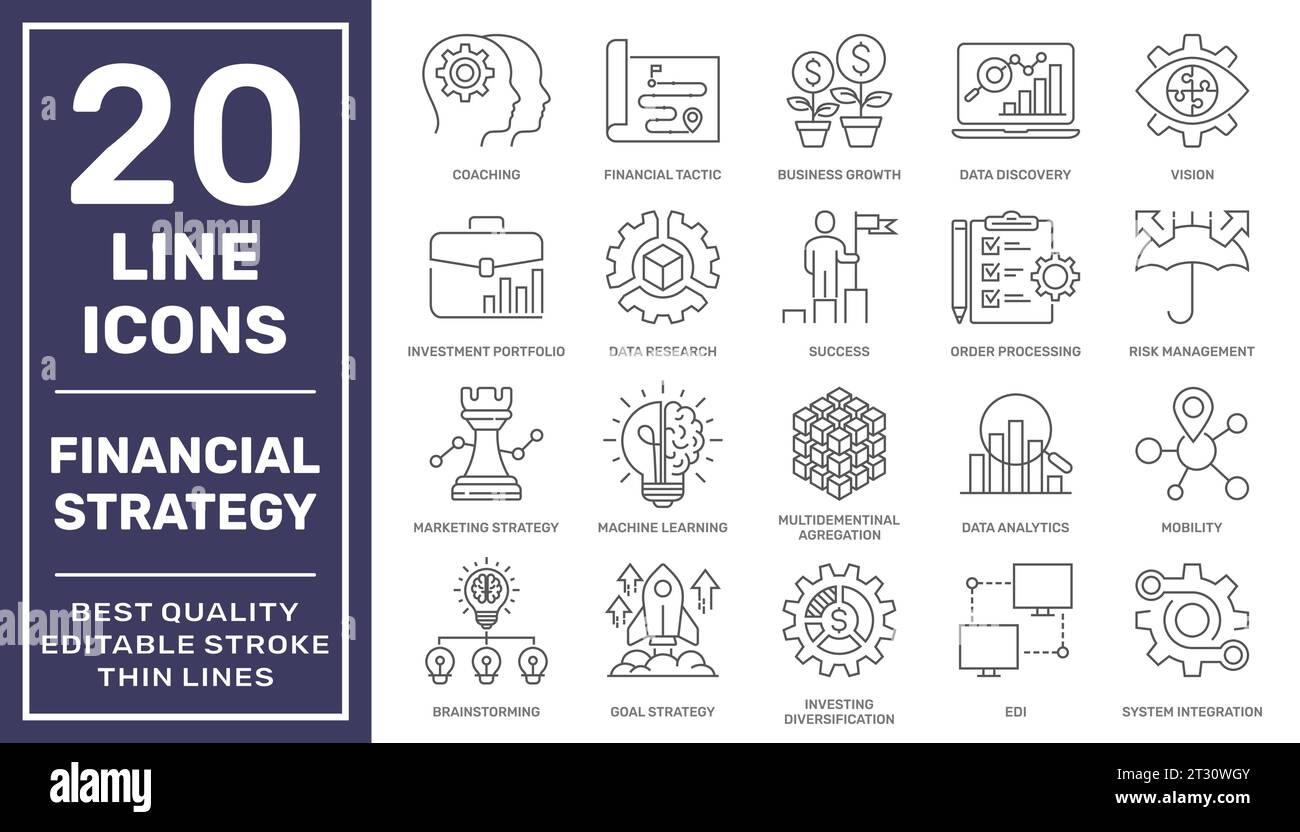 Ensemble simple d'icônes de ligne vectorielle liées à la stratégie financière. Contour modifiable. Pixel Perfect. SPE 10 Illustration de Vecteur