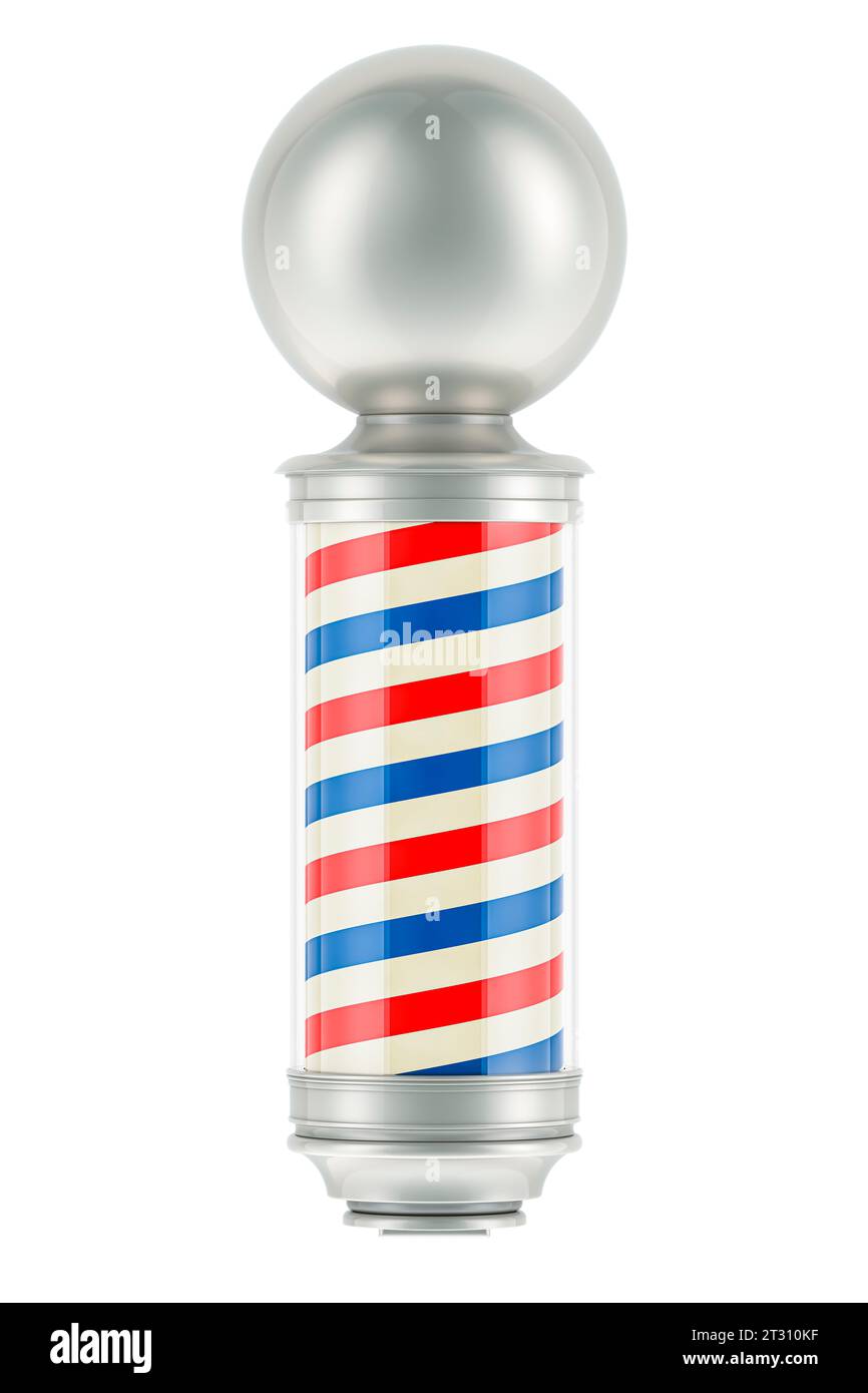 Barber Pole, lampe LED. Rouge blanc Bleu Rotating Light Stripe Sign pour salon de coiffure, rendu 3D isolé sur fond blanc Banque D'Images