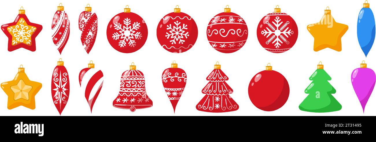 Ensemble de différents jouets d'arbre de Noël pour Noël et nouvel an. Décorations d'arbre de Noël avec et sans motifs pour accrocher sur un fil. Vecteur Illustration de Vecteur