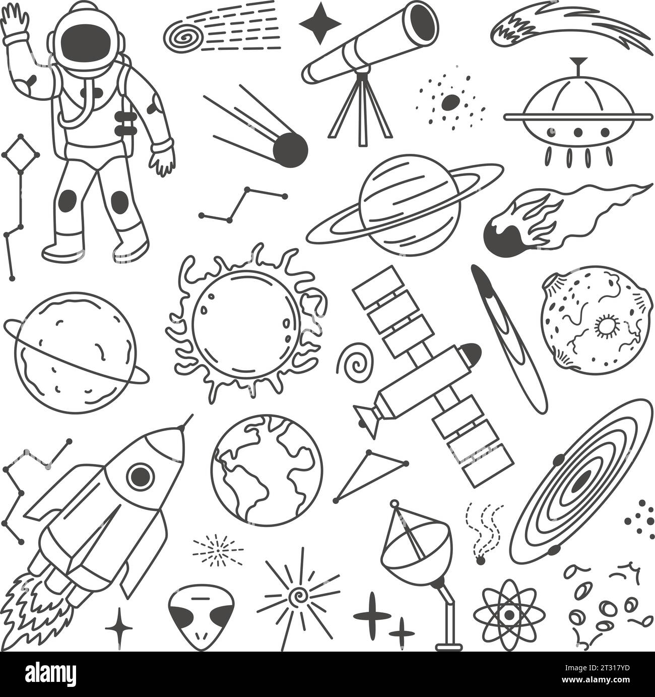 Espacer les éléments de doodle. Planètes du système solaire, astronaute et fusées. Objets astronomiques isolés, clipart graphique céleste. Collection de vecteurs néotériques Illustration de Vecteur