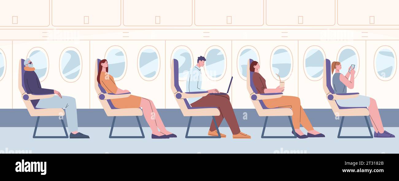 Passagers aériens voyageant à bord. Vol voyageur, les gens en classe affaires travaillent, en utilisant smartphone et dormir. Transport de personnes, vecteur kicky Illustration de Vecteur