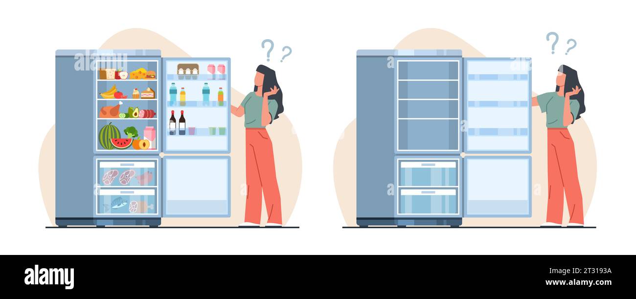 Fille se tient près du réfrigérateur plein et vide. Personnage féminin regardant dans le réfrigérateur ouvert. Différents produits eau, lait, fruits et légumes, dessin animé plat Illustration de Vecteur