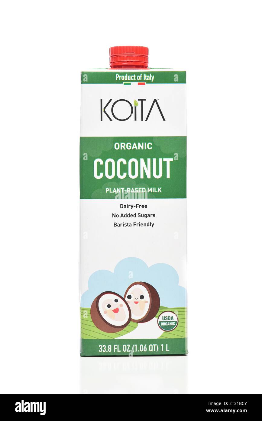 IRVINE, CALIFORNIE - 19 octobre 2023 : un carton de lait à base de plantes de noix de coco biologique Koita. Banque D'Images IRVINE, CALIFORNIE - 19 octobre 2023 : un carton de lait à base de plantes de noix de coco biologique Koita. Banque D'Images