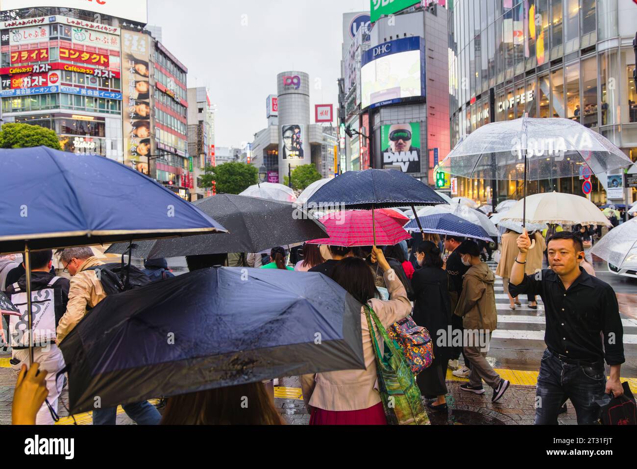 Tokyo, Japon - 08 avril 2023 : foule avec parapluies au point de passage de Shibuya avec des personnes non identifiées. C’est le passage piétonnier le plus fréquenté au monde, Banque D'Images