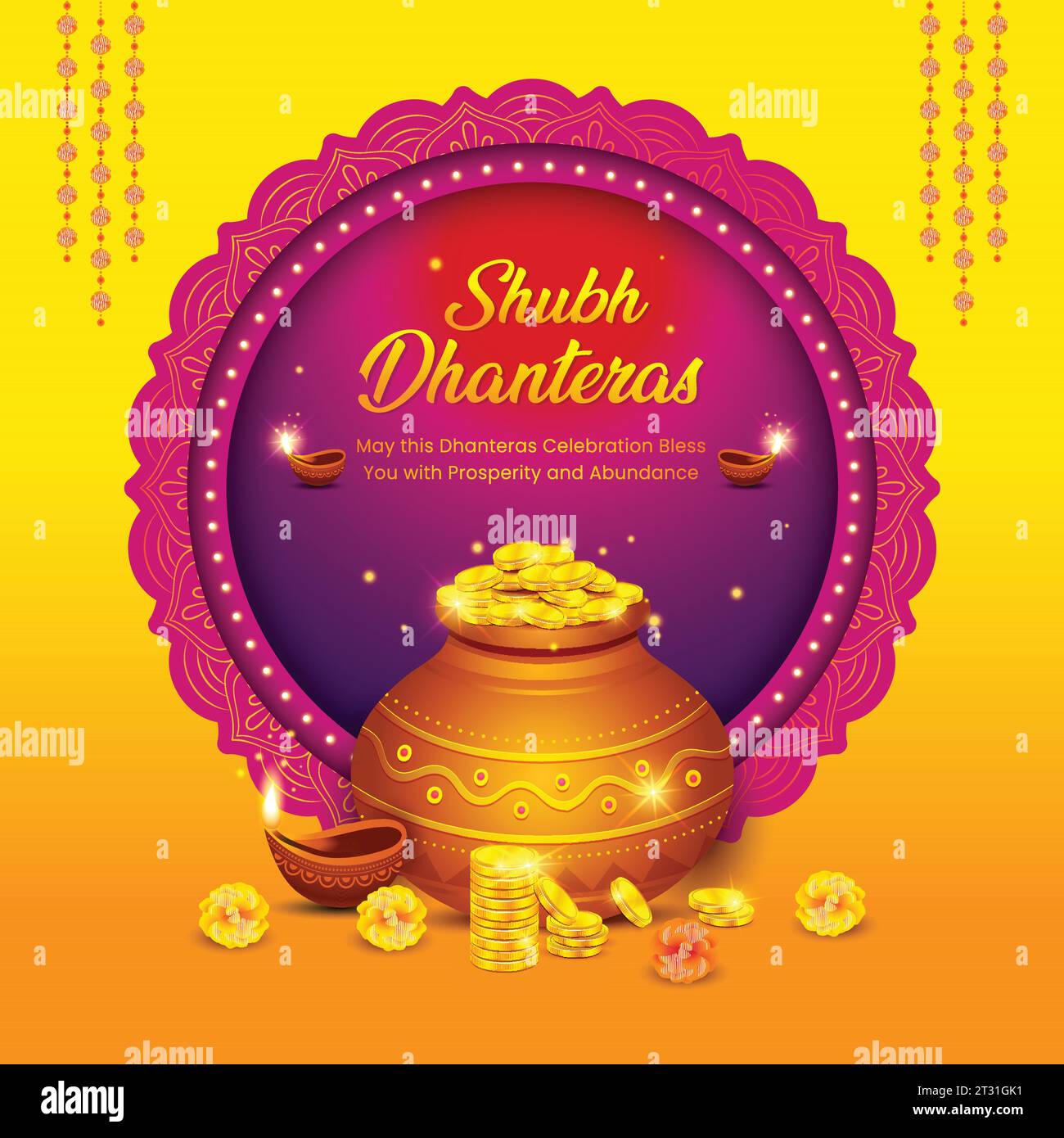 Pot d'illustration plein de pièces d'or, lampes à huile et éléments décoratifs pour la célébration du festival religieux indien Happy Dhanteras, Diwali. Illustration de Vecteur