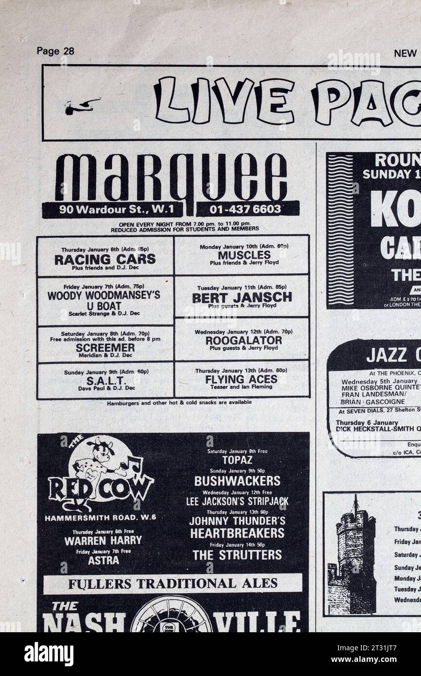 Publicité pour des concerts au Marquee Club à Londres dans les années 1970 NME Music Paper Banque D'Images