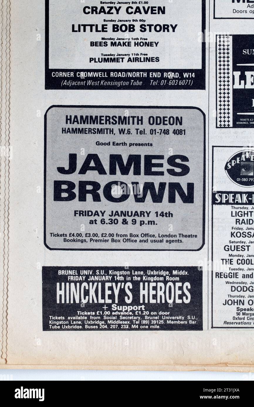 Publicité pour concert par James Brown dans les années 1970 NME Music Paper Banque D'Images