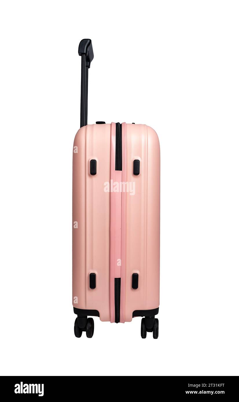 Vue latérale du sac. Valise spinner, bagage à main rose, bagage de voyage isolé sur blanc Banque D'Images