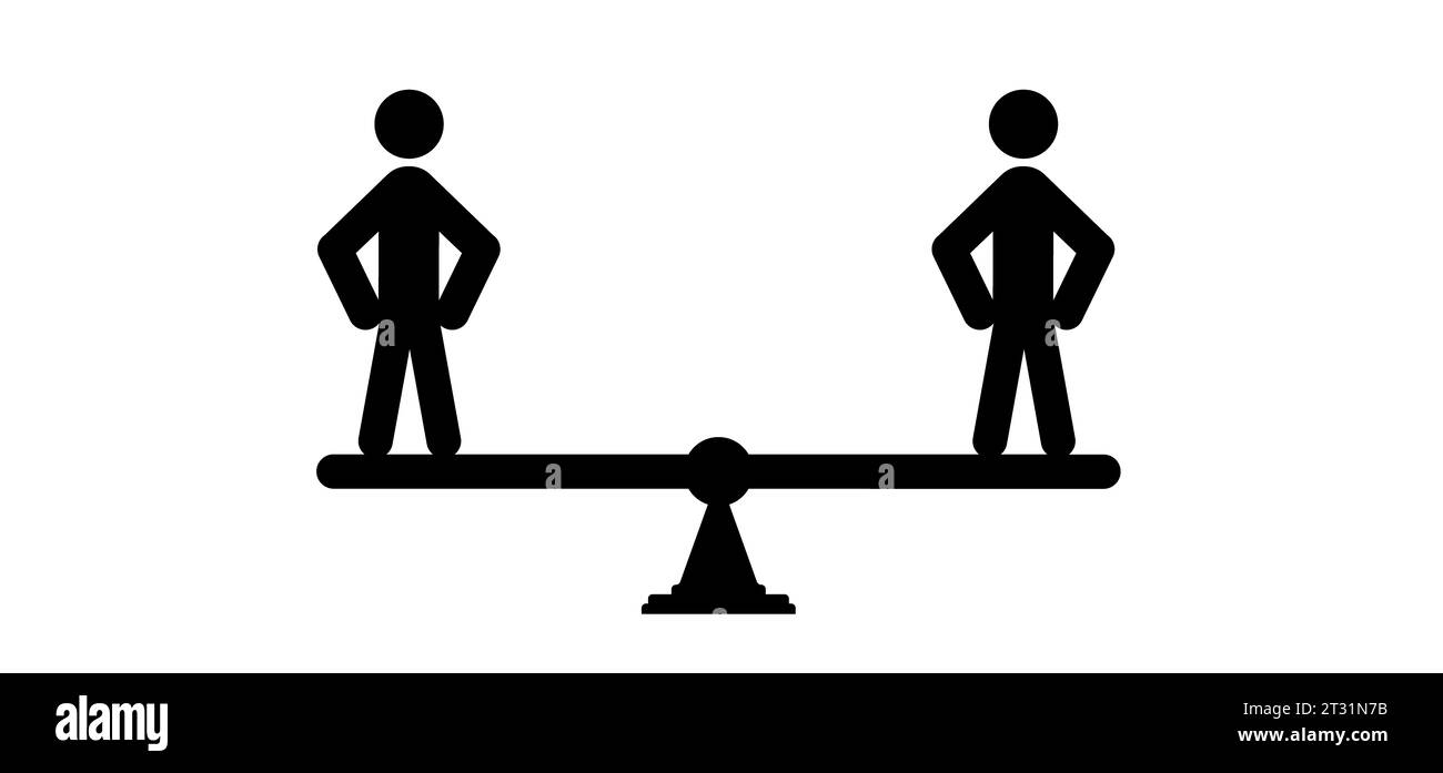 Les gens de bande dessinée équilibrent sur la balançoire. Equilibre d'équipe, équilibre parfait de Stickman, équilibre instable. concept de travail d'équipe. Équilibre des affaires. Entreprises conceptuelles Banque D'Images