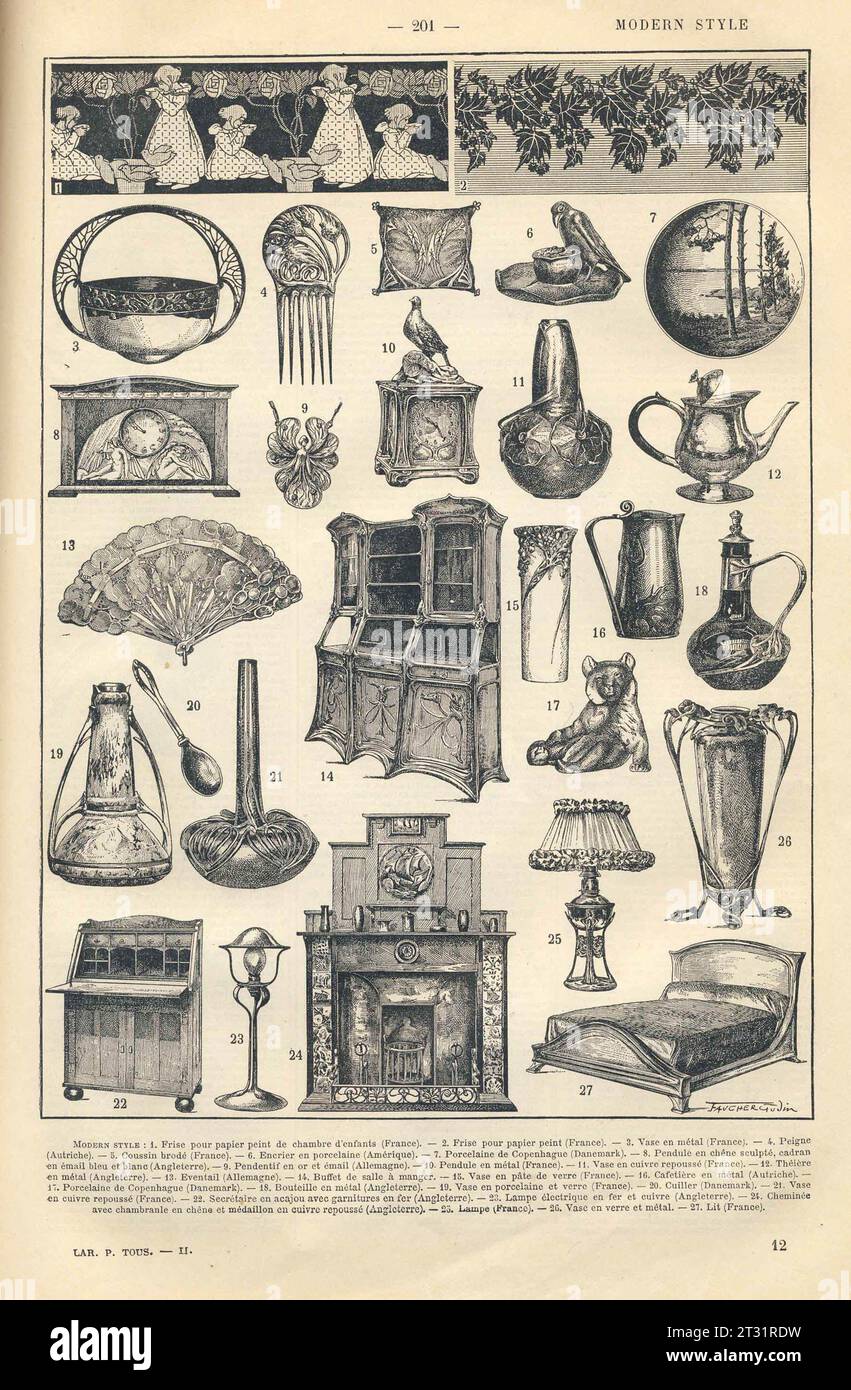 Assiette avec mobilier Art Nouveau, dictionnaire français des environs de 1905 Banque D'Images