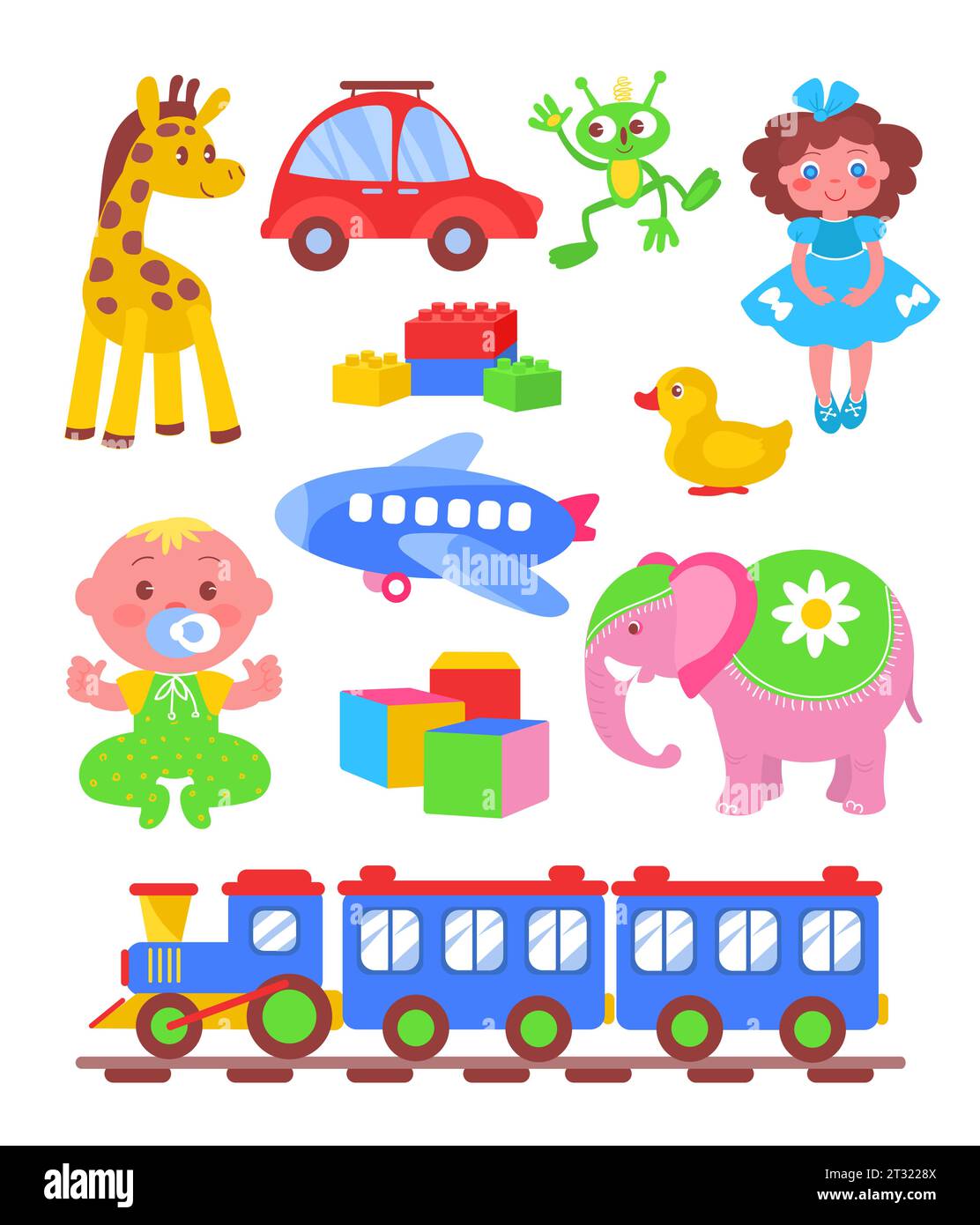 Jouets pour enfants de dessins animés. Éléments colorés de bébé pour jouer. Poupées mignonnes. Voitures et locomotive de train. Animaux en peluche. Blocs constructeurs de bébés. Puéril Illustration de Vecteur