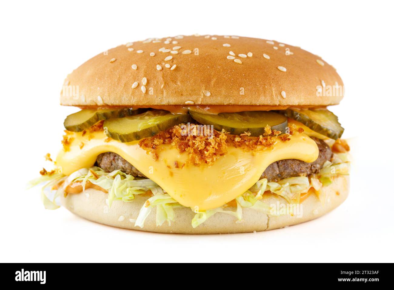 Hamburger comme chez McDonald's avec une côtelette de bœuf sur fond blanc, tournage en studio Banque D'Images