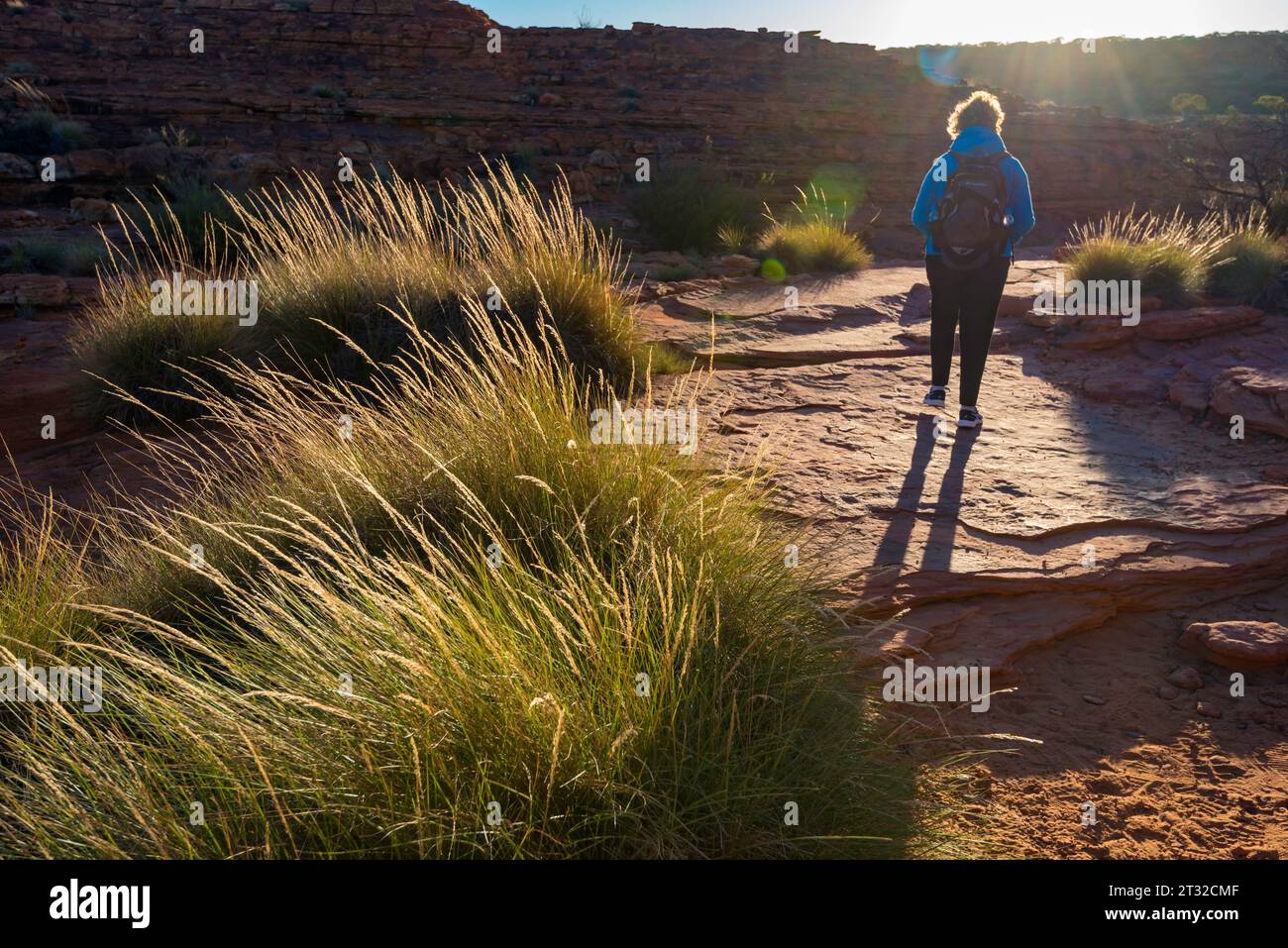 Une femme marchant dans la lumière du soleil du matin sur le paysage rocheux sur le Rim Walk à Kings Canyon (Watarrka) dans le territoire du Nord, en Australie Banque D'Images