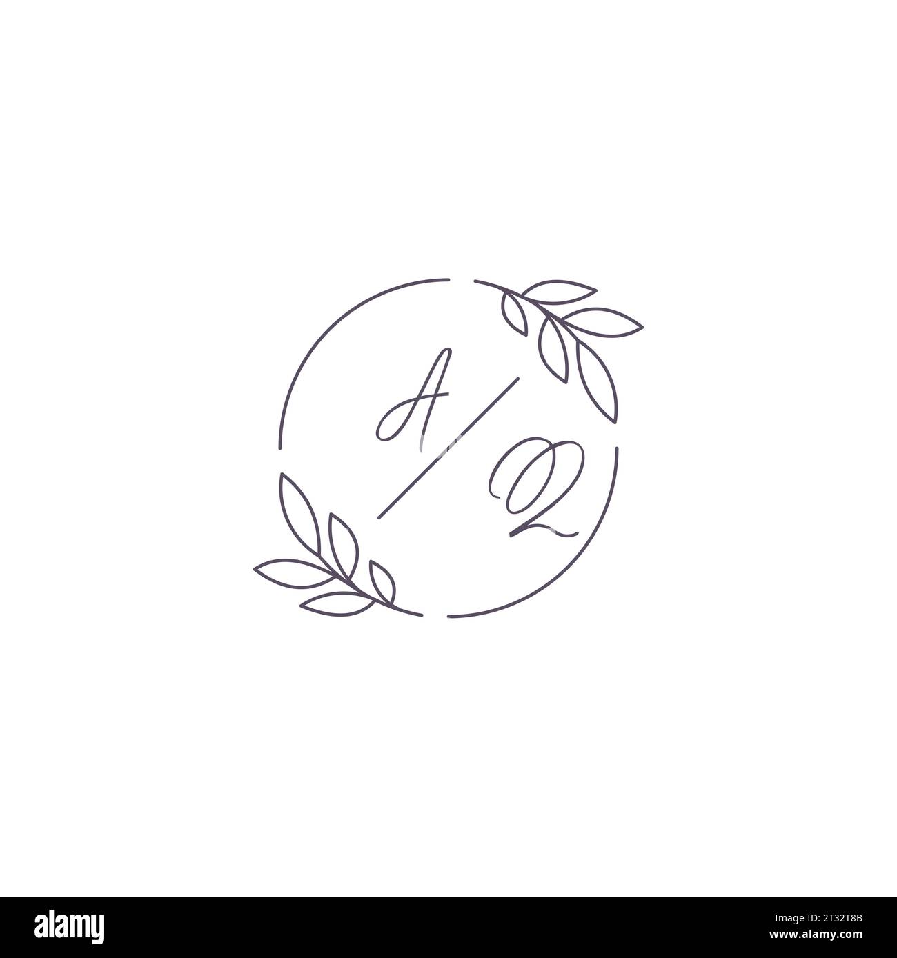 Initiales AQ monogramme logo de mariage avec contour de feuille simple et graphique vectoriel de style cercle Illustration de Vecteur