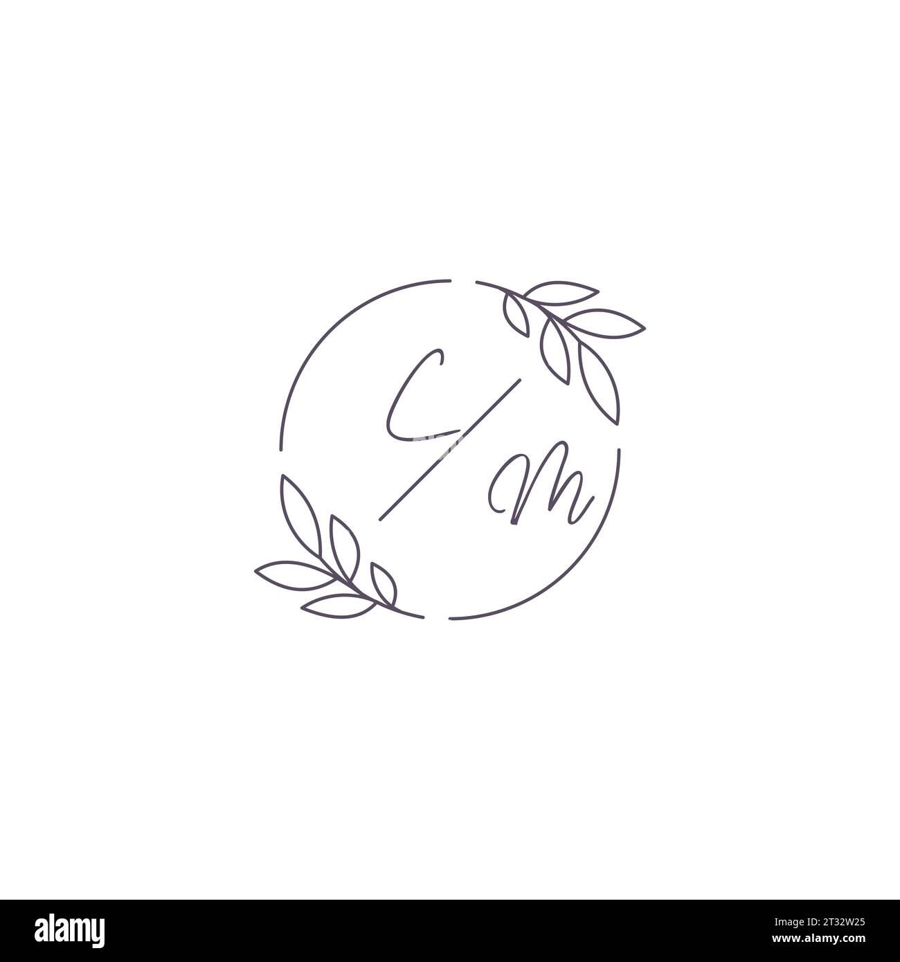 Initiales cm logo de mariage monogramme avec contour de feuille simple et graphique vectoriel de style cercle Illustration de Vecteur