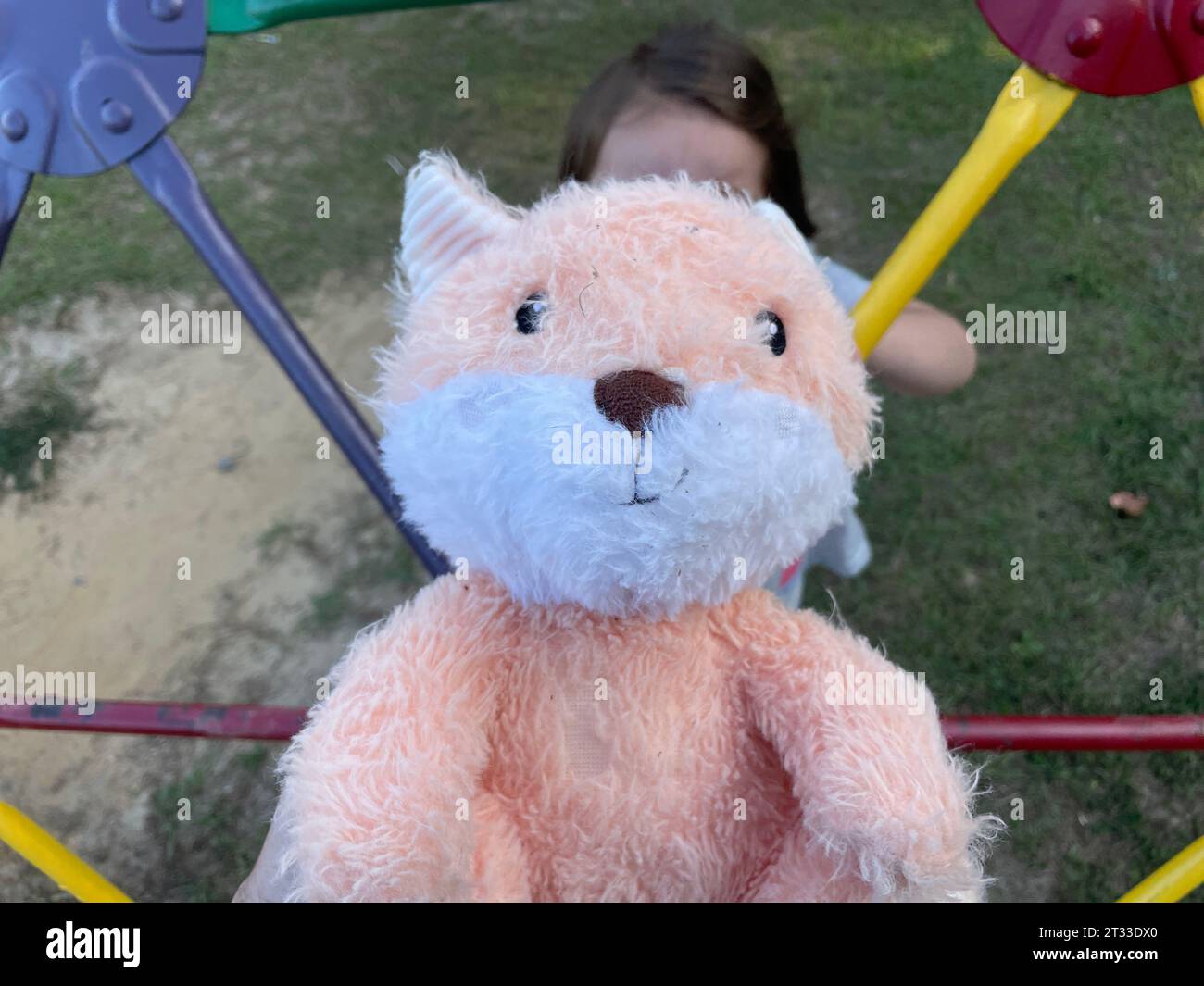 Ours en peluche jaune vert et rouge singes barres Toddler jouant à l'arrière-plan du parc Banque D'Images