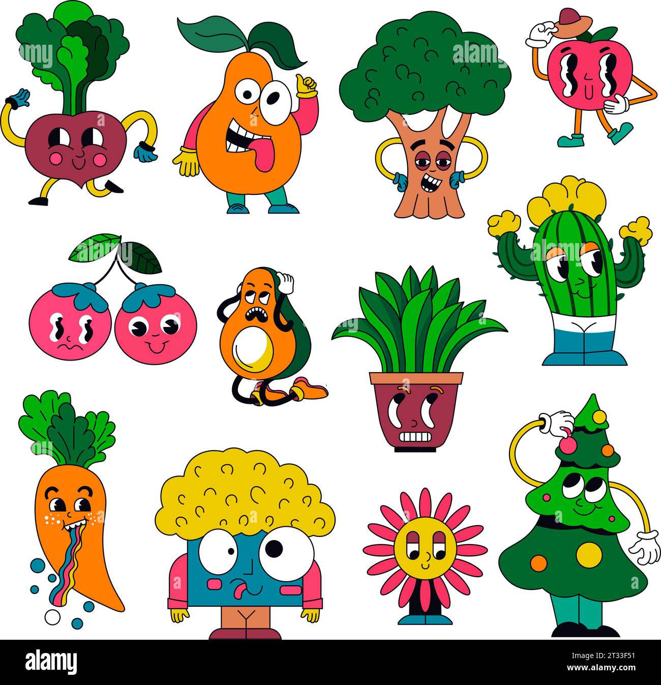 Personnages rétro drôles ou vecteur de pack d'autocollants Illustration de Vecteur