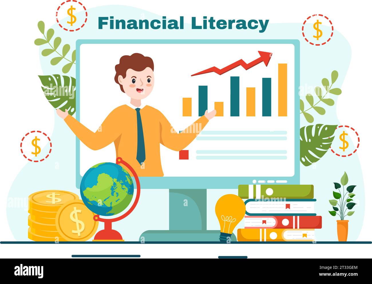 Illustration vectorielle de webinaire sur la littératie financière avec la gestion financière, l'argent d'investissement et le budget dans la conception de fond plat de comptabilité de l'éducation Illustration de Vecteur