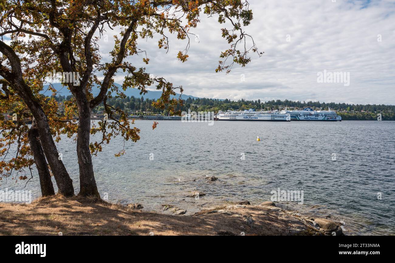 Vue sur le terminal de ferry de Departure Bay depuis Saysutshun (Newcastle Island) près de Nanaimo, BC, Canada Banque D'Images