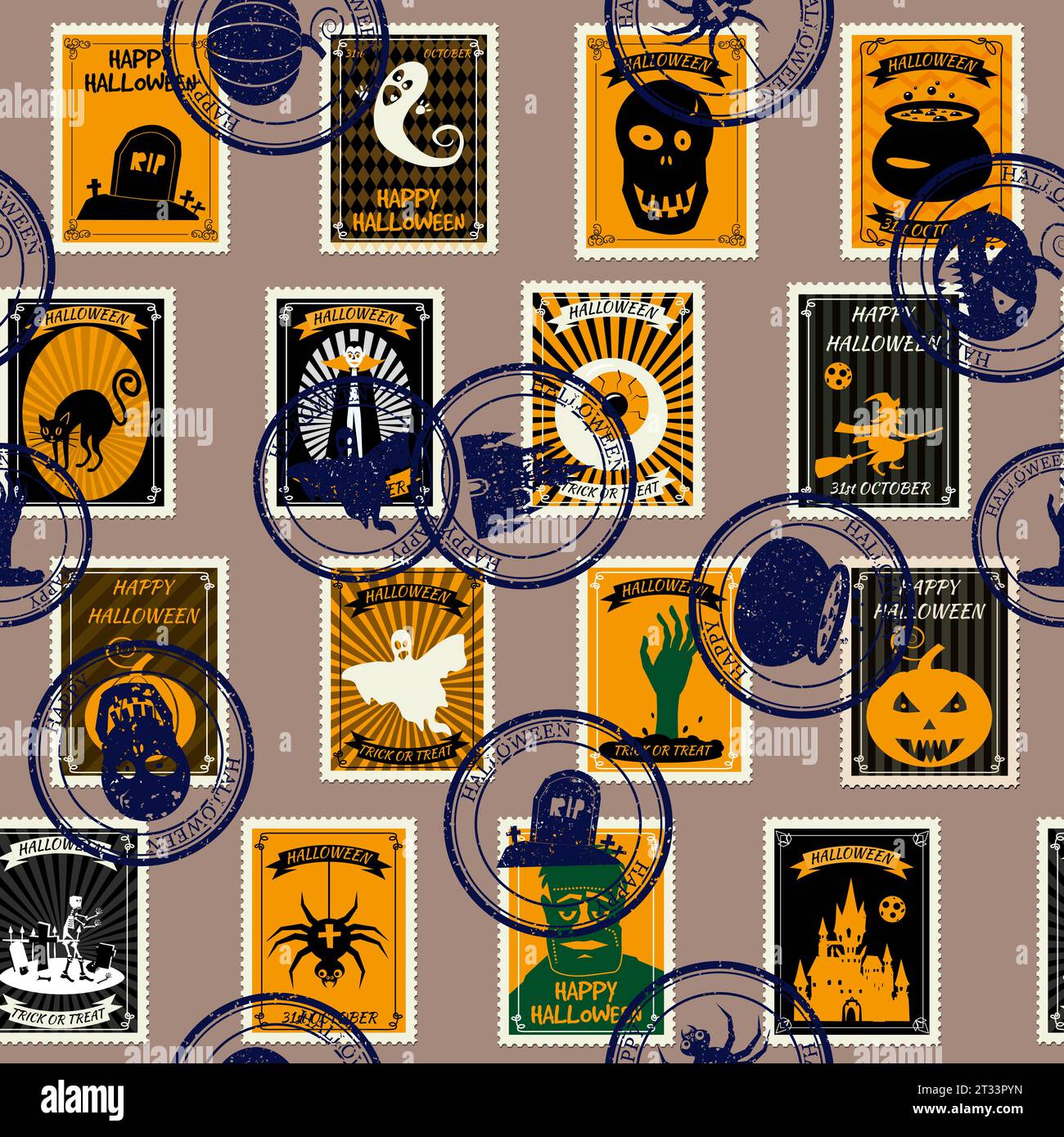 Motif sans couture Halloween vieux timbres-poste, vintage postal Illustration de Vecteur