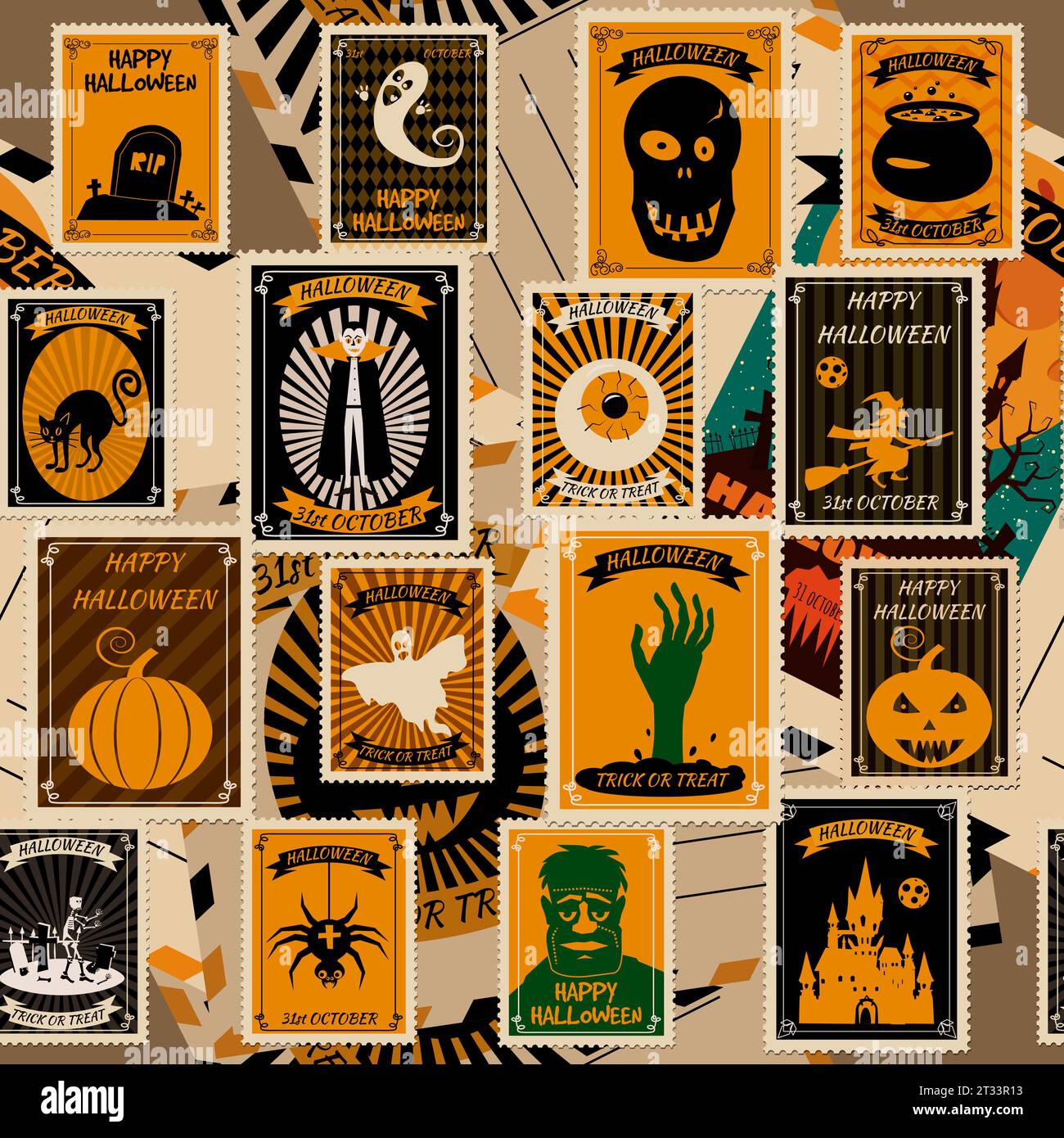 Motif sans couture Halloween vieux timbres-poste vintage Illustration de Vecteur