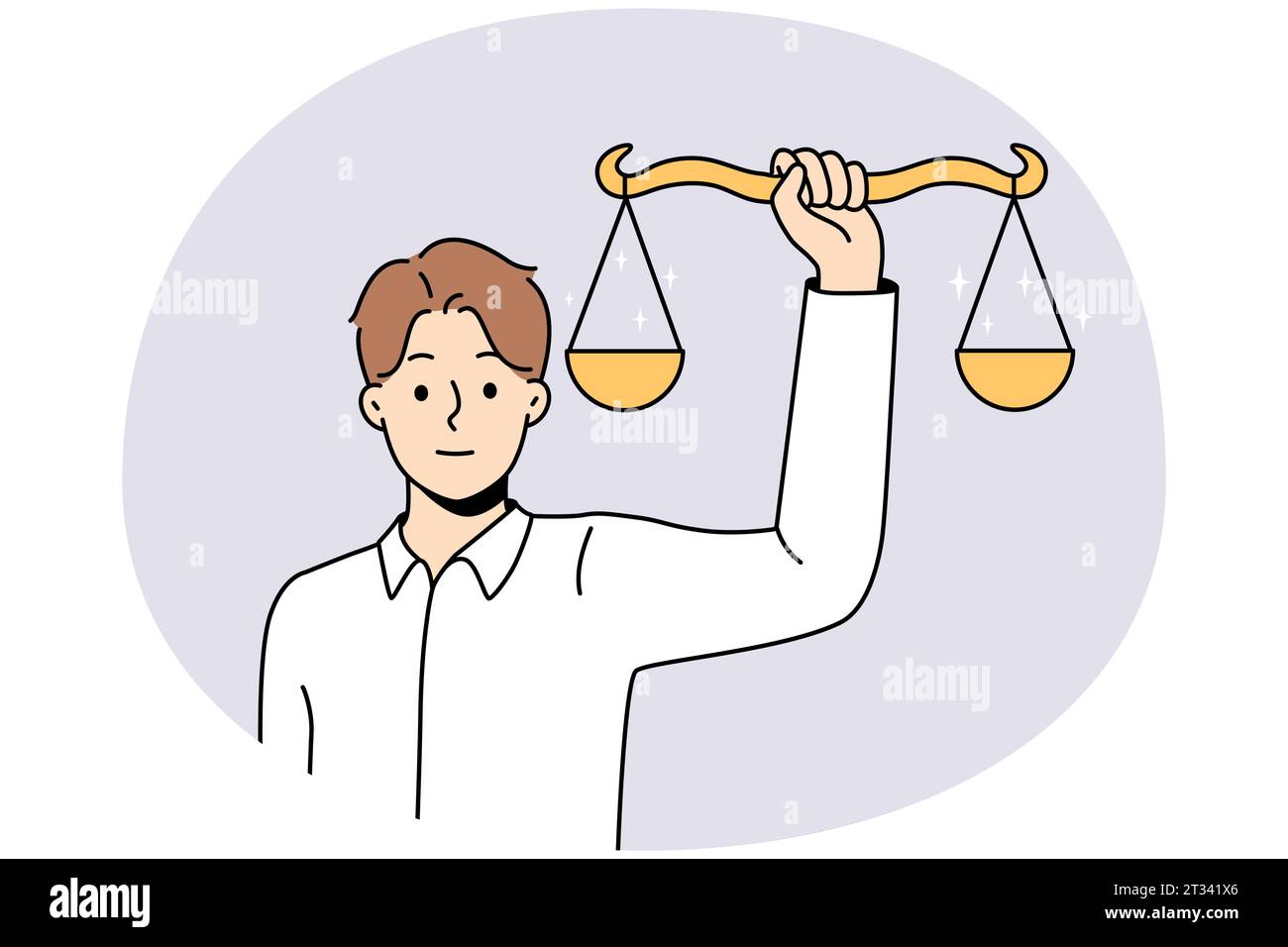 Homme tenant des balances dans les mains montrant l'équilibre. Homme avec pèse démontre la justice et la loi. Concept des droits de l'homme. Illustration vectorielle. Illustration de Vecteur