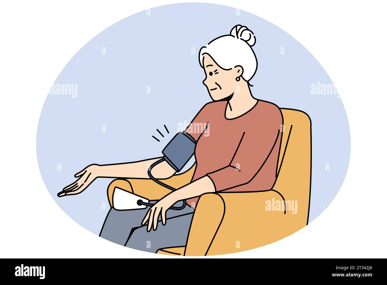 Femme plus âgée assise sur une chaise mesurant la tension artérielle avec un tonomètre. Grand-mère mature vérifier l'état de santé effectuer des mesures avec un appareil électronique. Illustration vectorielle. Illustration de Vecteur