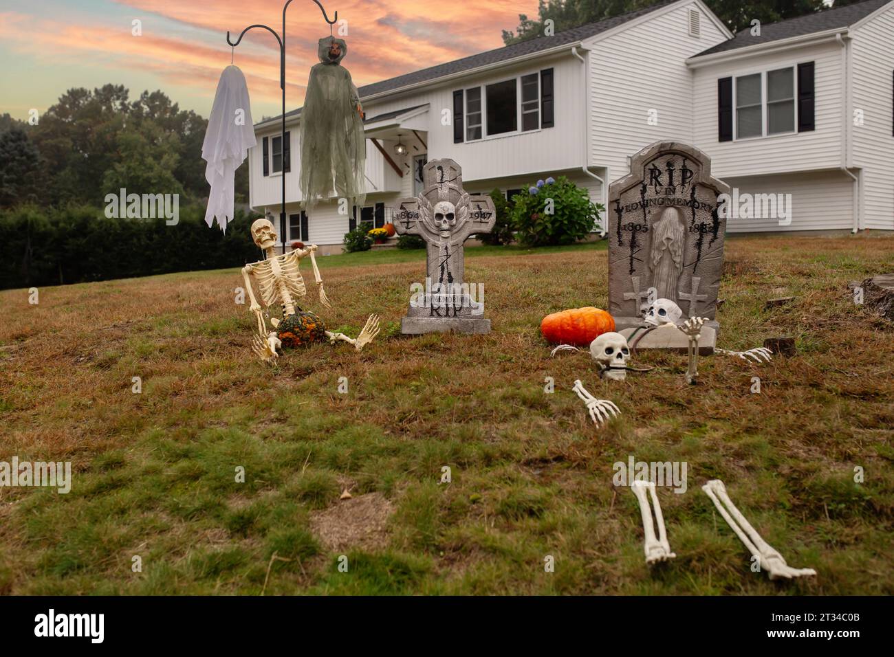 Décorations d'Halloween effrayantes ; squelettes ; cimetière Banque D'Images