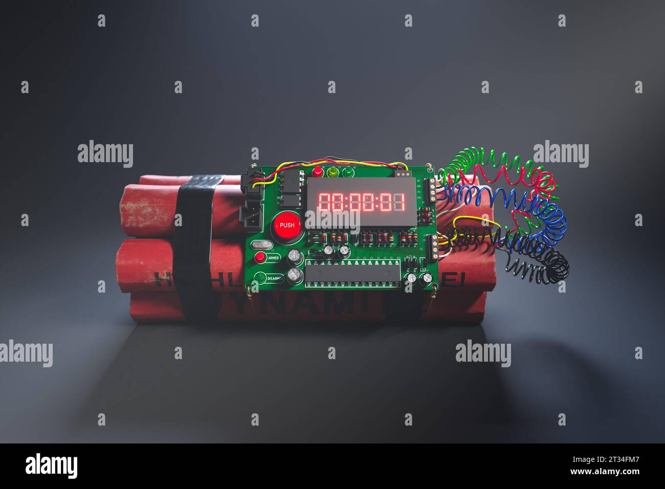 Une image de rendu 3D d'une bombe faite de bâtons de TNT avec un compte à rebours électronique montrant une seconde restante jusqu'à l'explosion. Les câbles colorés le sont Banque D'Images