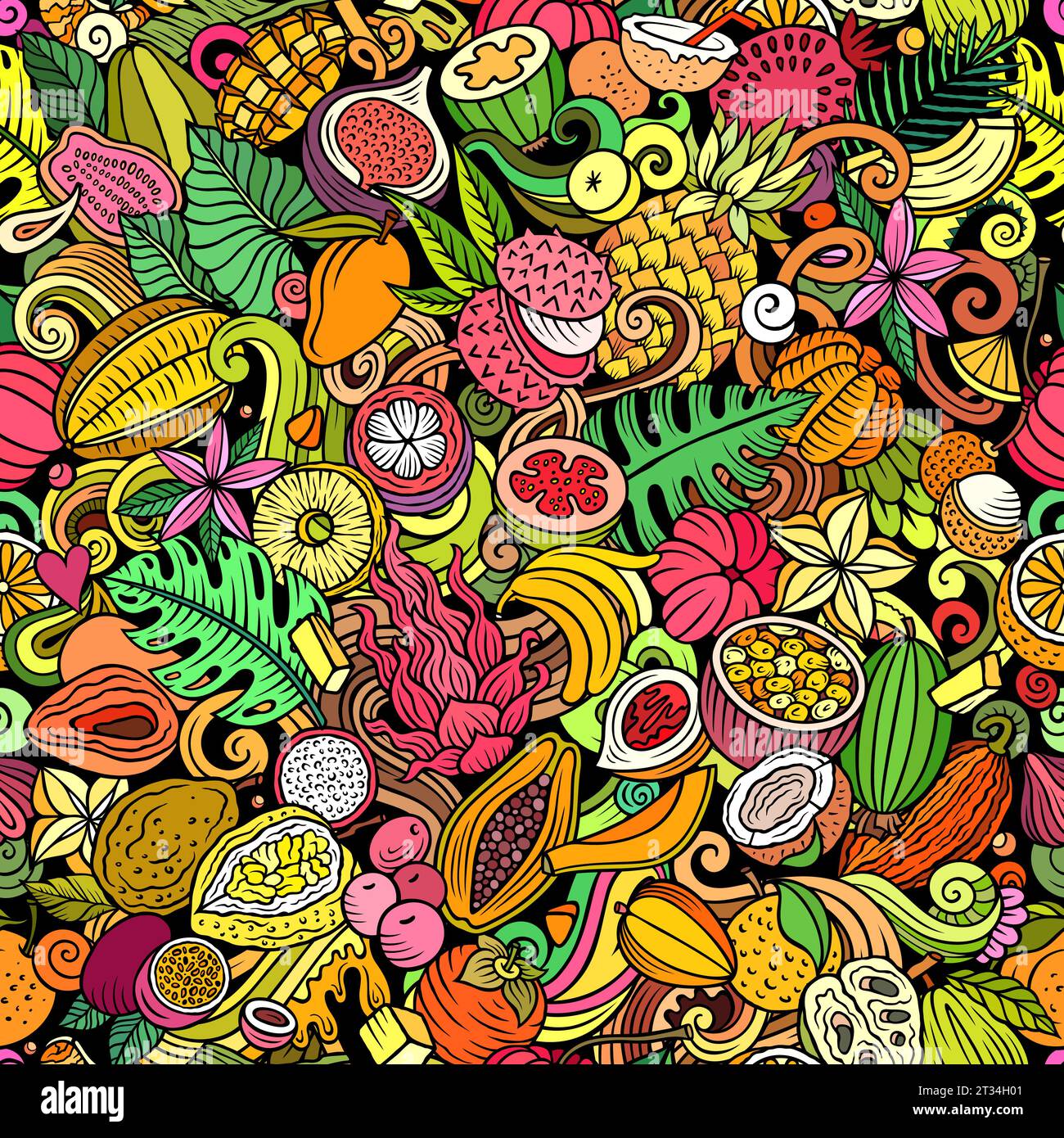 Dessin animé vecteur doodles sur le sujet des fruits exotiques Seamless motif présente une variété d'objets fruités tropicaux et de symboles. Fantaisie ludique c Illustration de Vecteur