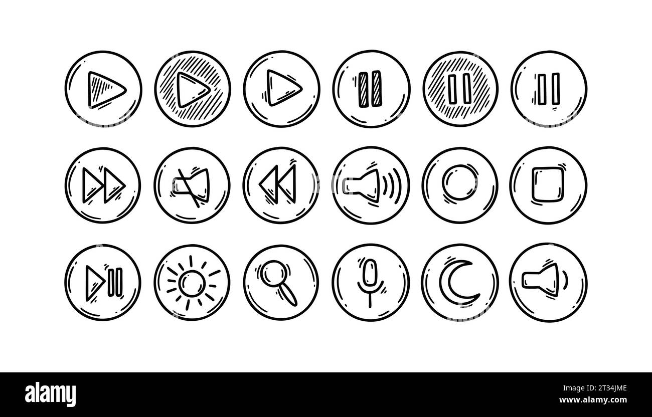 Boutons de cercle de l'interface vidéo et multimédia Doodle. Ensemble d'icônes de contrôle d'esquisse dessinées à la main. Clavier portable. Touches lecture, pause, arrêt, avance et retour. VE Illustration de Vecteur