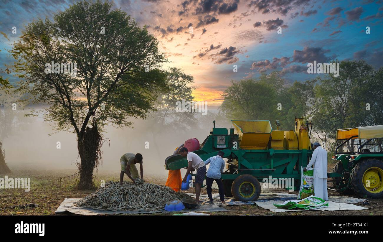 Agriculteurs travaillant avec de la machinerie lourde et un fond de temps nuageux dramatique. 10 octobre 2023 Jaipur, Rajasthan, Inde. Banque D'Images