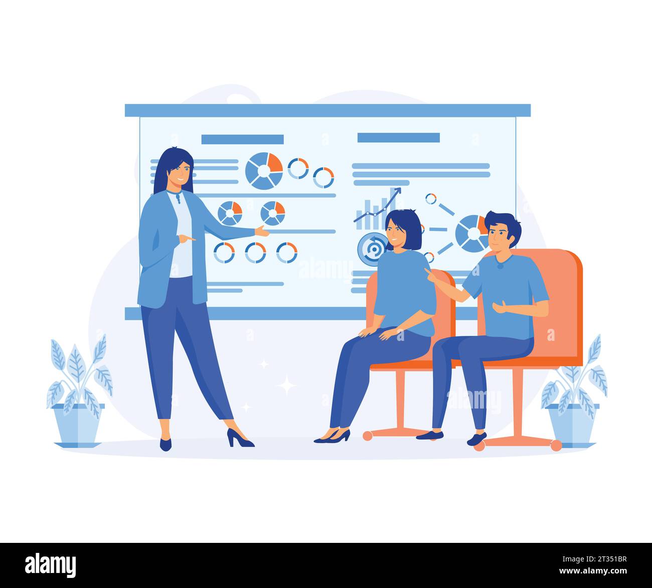 conférence publique et motivation pour le public d'affaires. conférencier féminin faisant la présentation et la formation professionnelle sur le marketing, moder vectoriel plat Illustration de Vecteur