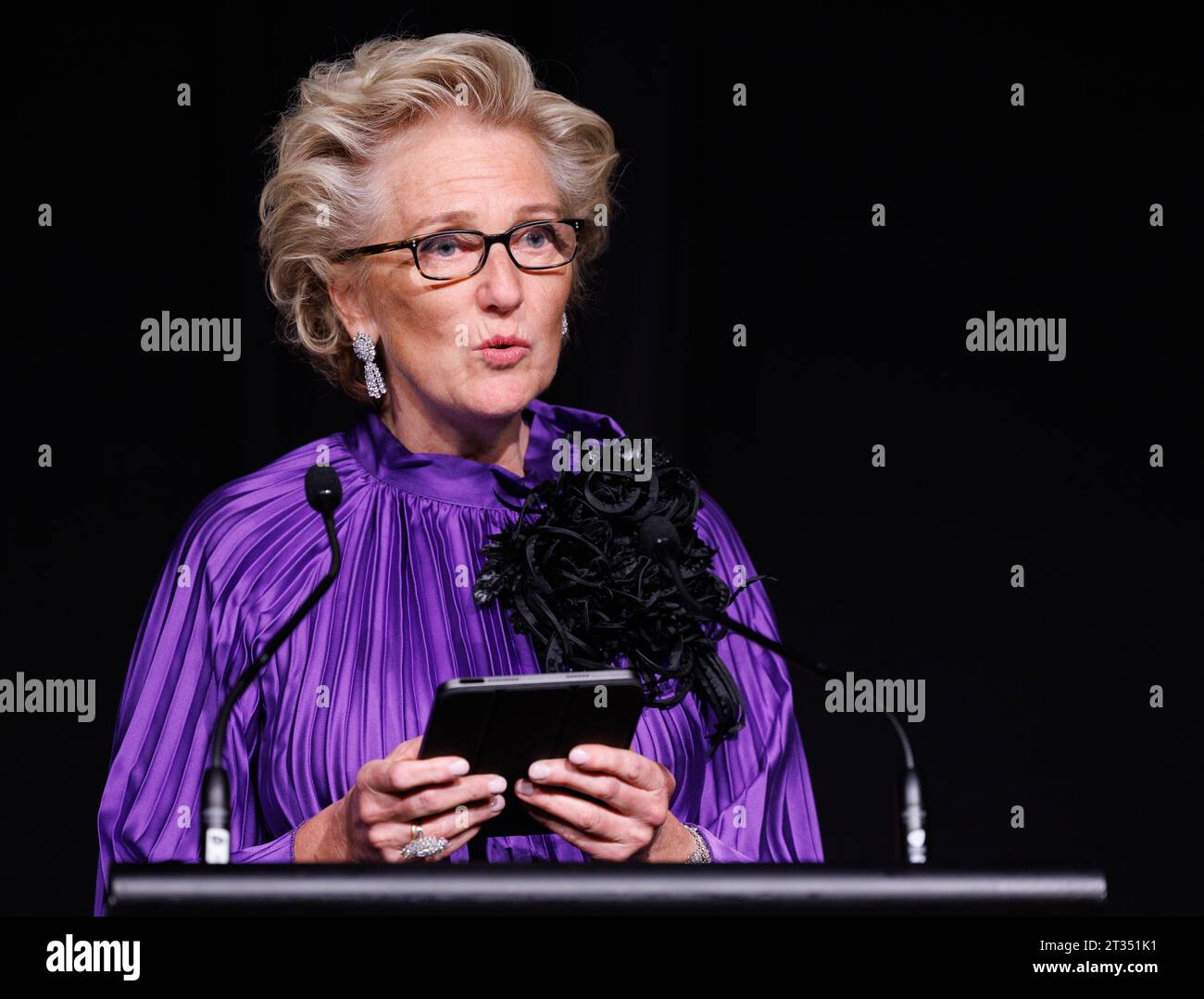 Sydney, Australie. 23 octobre 2023. La Princesse Astrid de Belgique prononce un discours lors de la réception officielle belge, lors de la Mission économique belge auprès du Commonwealth d'Australie, à Sydney, le lundi 23 octobre 2023. Une délégation belge effectue une mission économique de 10 jours en Australie du 19 au 28 octobre 2023. BELGA PHOTO BENOIT DOPPAGNE crédit : Belga News Agency/Alamy Live News Banque D'Images