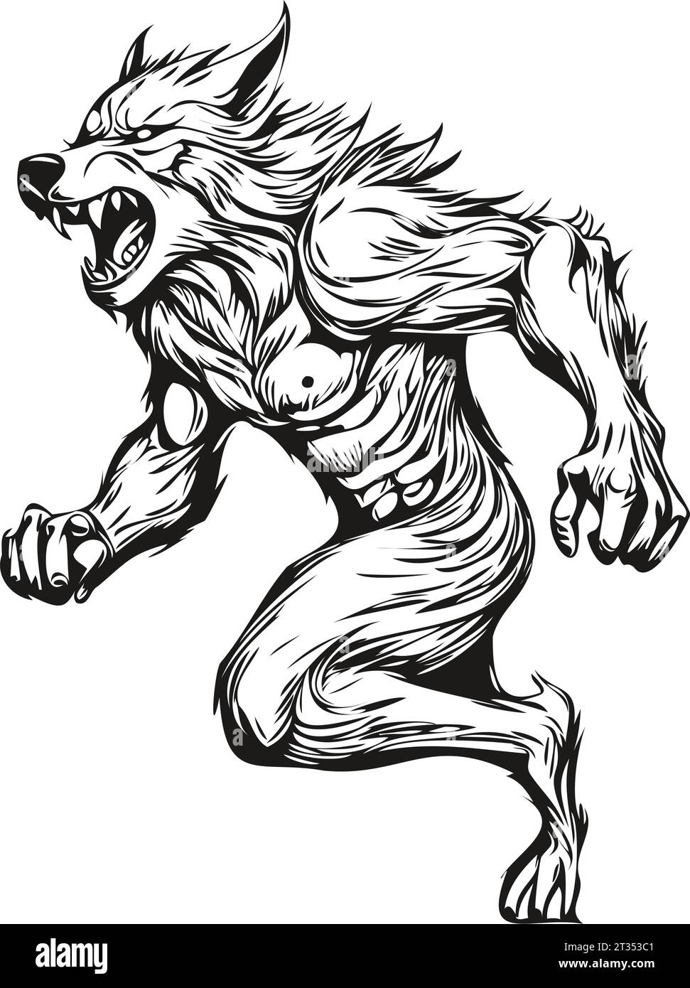 Malveillant dessiné à la main Halloween reflet d'un loup-garou hantant, image isolée d'un loup lycanthrope loup sur une couche transparente, peut être utilisé comme un eng Illustration de Vecteur