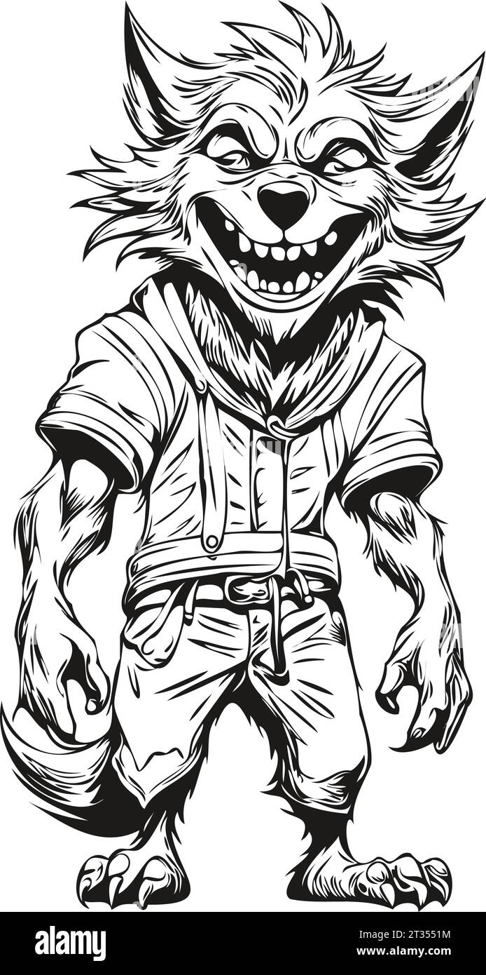 Hantant phénomène de transformation dessiné à la main pour Halloween scène, image isolée de lycanthrope Wolfman sur une couche transparente, peut être utilisé comme un eng Illustration de Vecteur