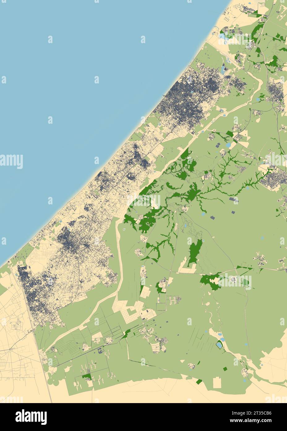Carte de la bande de Gaza, Israël, carte et frontières, reliefs et lacs. Rues et bâtiments. Banque D'Images