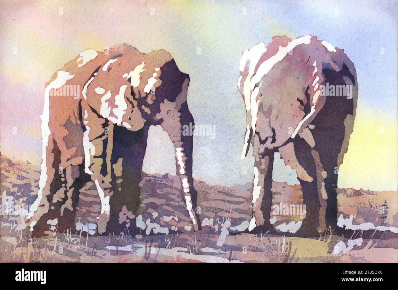 Éléphant peinture à l'aquarelle colorée, pépinière d'animaux africains art mural fait à la main articles essentiels de voyage faune art mural design d'intérieur giclée (imprimer Banque D'Images