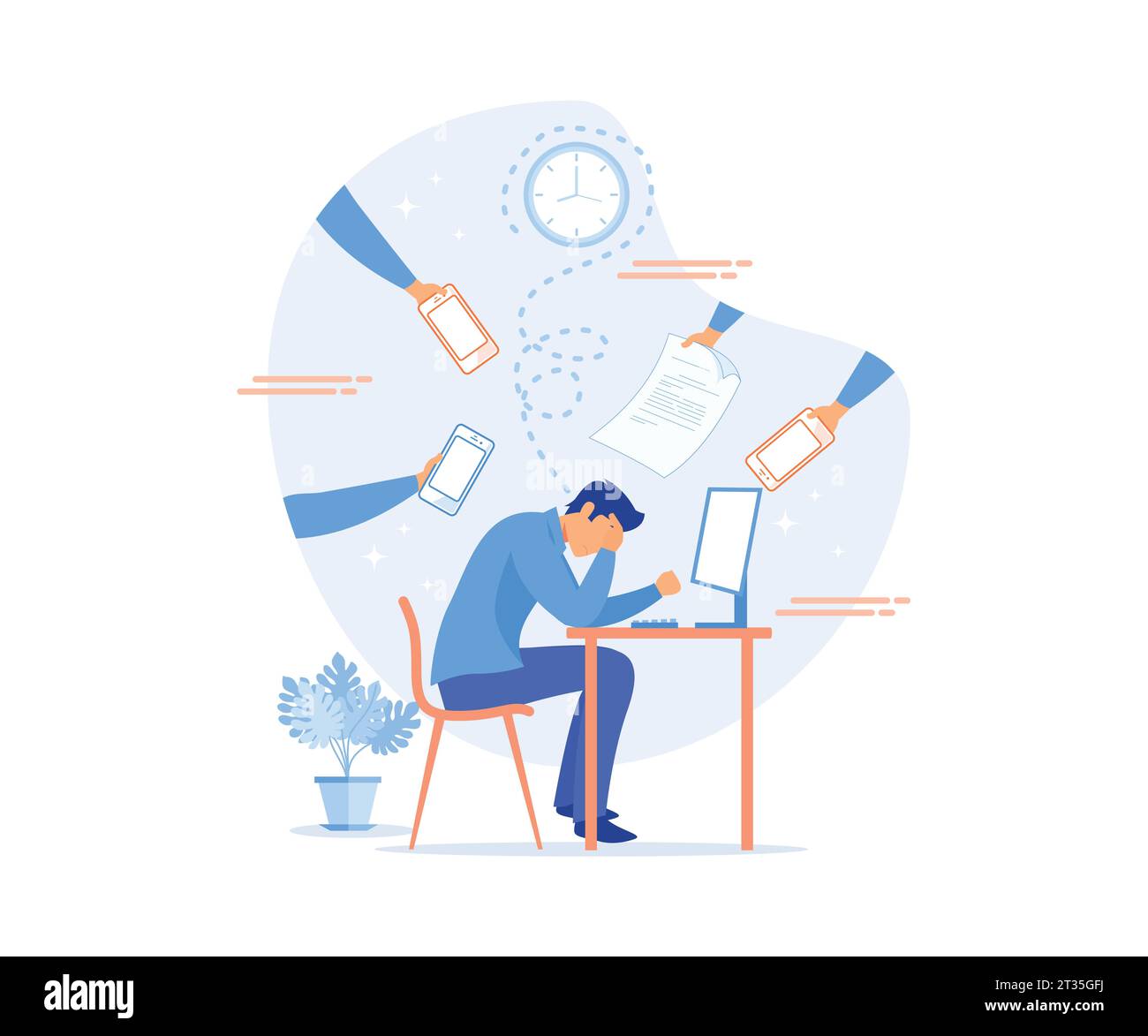 Concept de multitâche et de gestion du temps. Homme d'affaires entouré de mains avec des objets de bureau. illustration moderne vectorielle plate Illustration de Vecteur