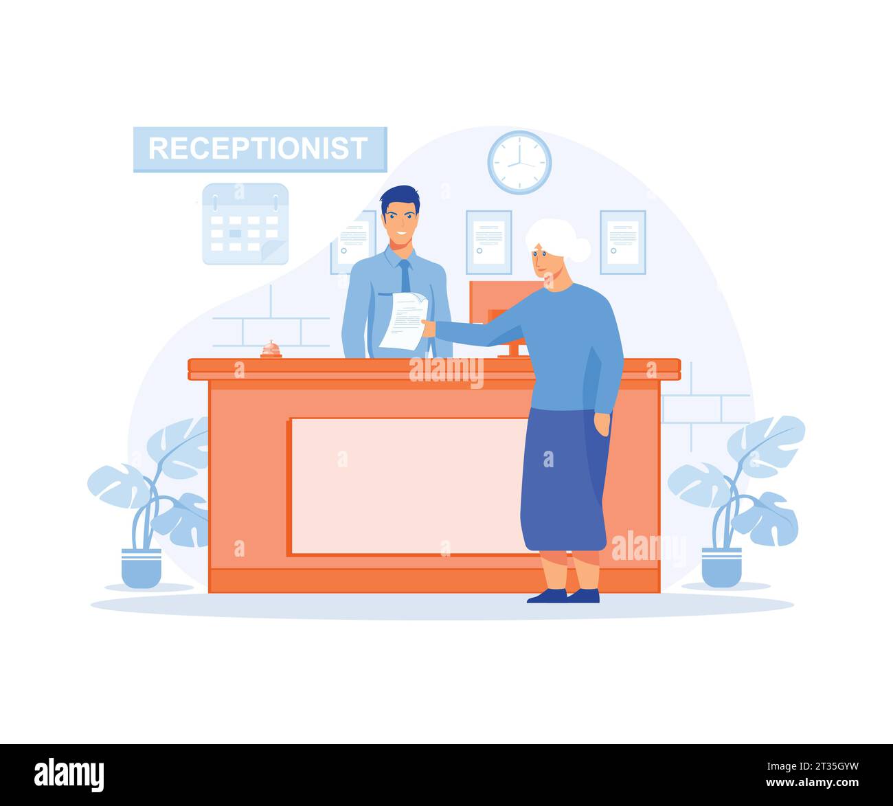 Réceptionniste de l'hôpital donnant des informations sur la vieille femme, vérifiant son rendez-vous. Dame principale visitant le bureau de la clinique médicale, vecteur plat moderne illust Illustration de Vecteur